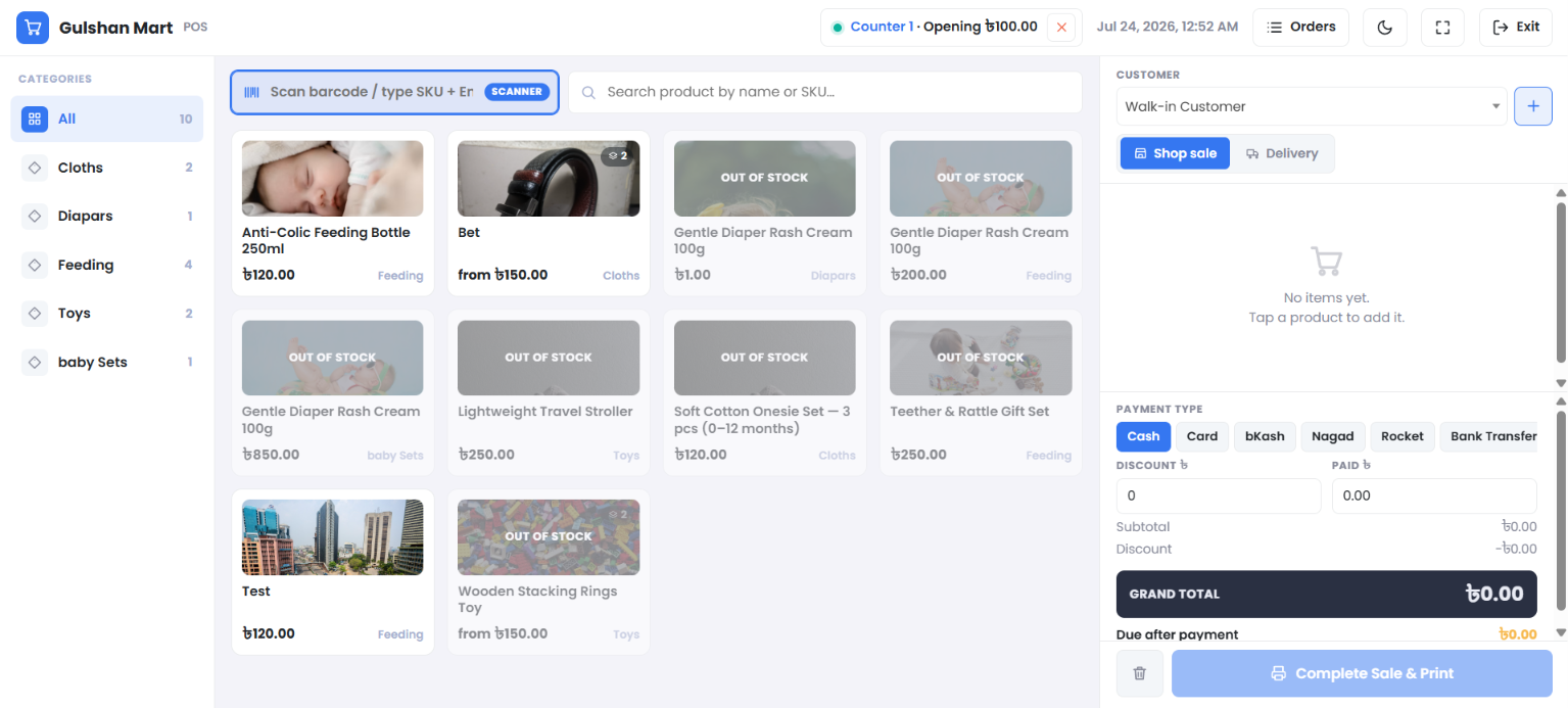 Shopy POS counter checkout screen with barcode search and payment options